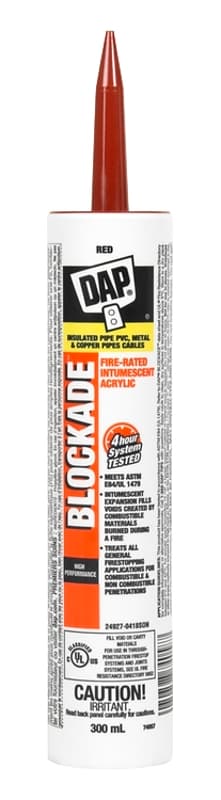 DAP BLOCKADE 74058 Fire Rated Intumescent Sealant, Red, 4 hr Functional Cure, >4.4 deg C, 340 mL Cartridge – image 1